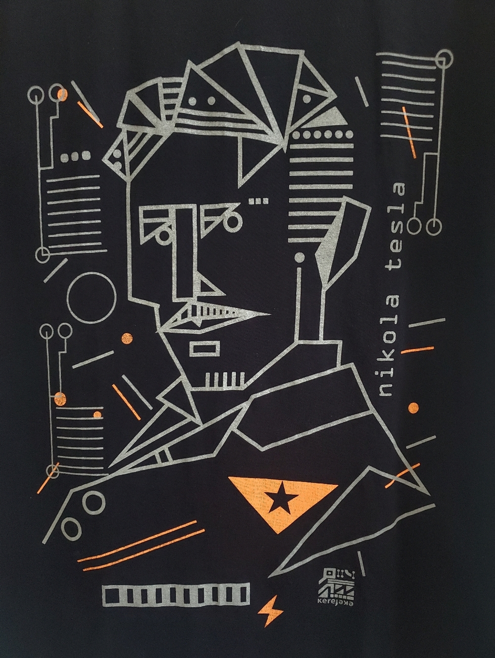 Nikola Tesla Graphic Tee in Black with Gray & Orange Design